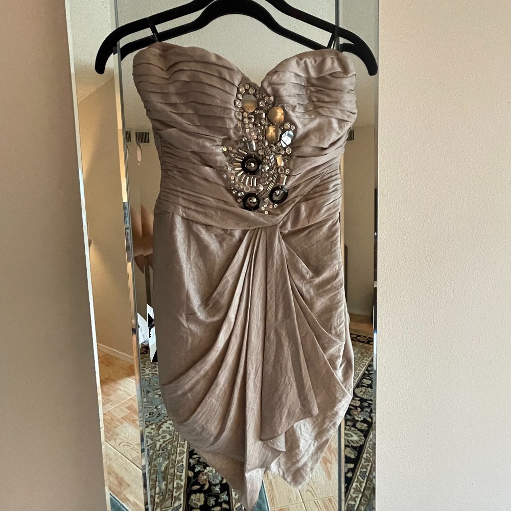 Bebe Beaded Champagne Strapless Dress XXS
